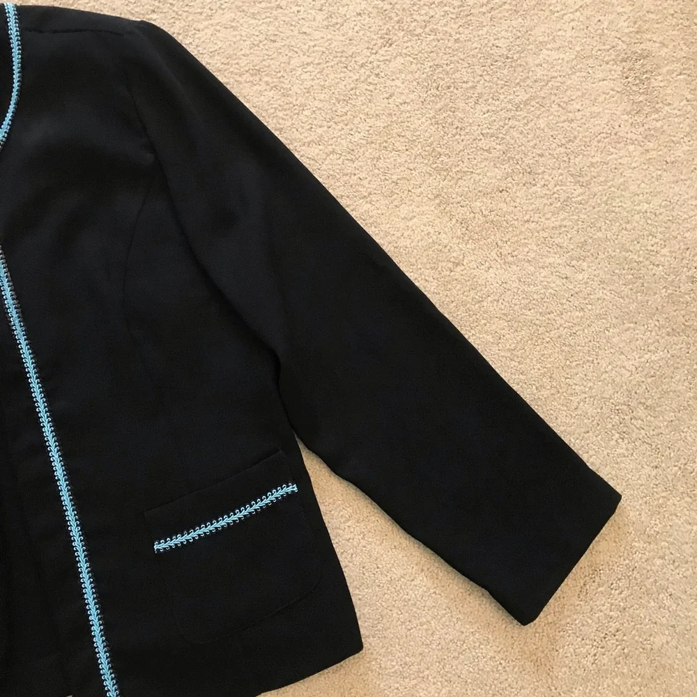 Studio Blazer Jacket Size 16 Black Light Blue Trim Pockets Easy Care Office Corp